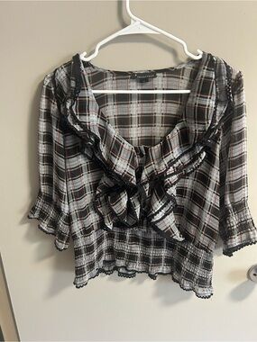 Twenty One Plaid Ruffle Blouse Y2K Goth Academia Top Medium